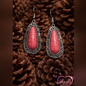 Pink Crackle Stone and Silver Teardrop Earrings